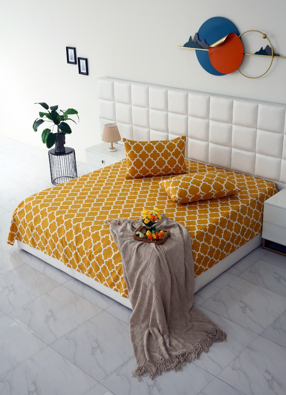 3 PCs Double Bed Sheet -Mustard Geometric Bed Sheets Apricot