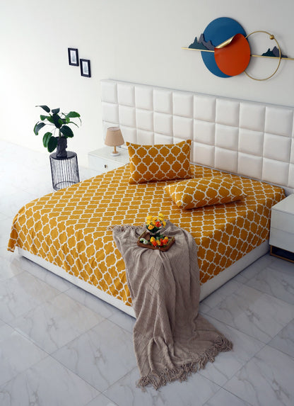 3 PCs Double Bed Sheet -Mustard Geometric Bed Sheets Apricot