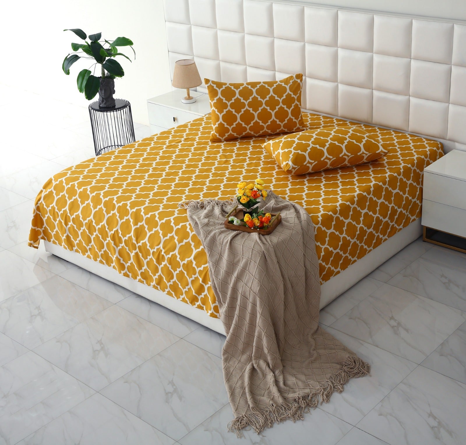 3 PCs Double Bed Sheet -Mustard Geometric Bed Sheets Apricot