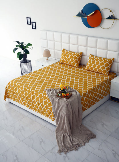 3 PCs Double Bed Sheet -Mustard Geometric Bed Sheets Apricot