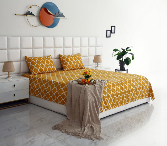 3 PCs Double Bed Sheet -Mustard Geometric Bed Sheets Apricot