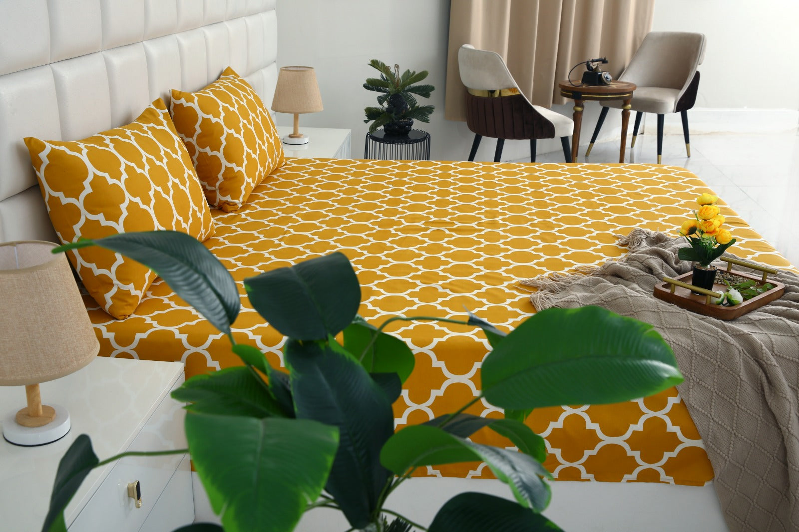 3 PCs Double Bed Sheet -Mustard Geometric Bed Sheets Apricot