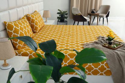 3 PCs Double Bed Sheet -Mustard Geometric Bed Sheets Apricot