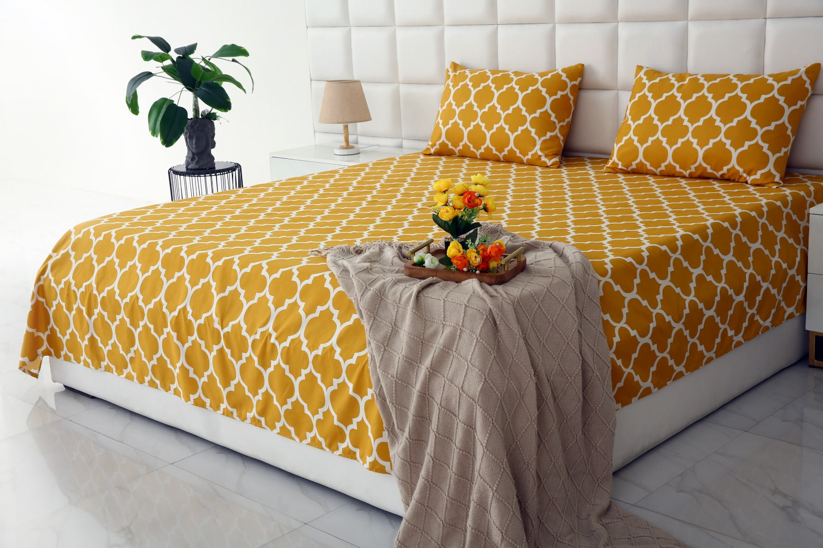 3 PCs Double Bed Sheet -Mustard Geometric Bed Sheets Apricot