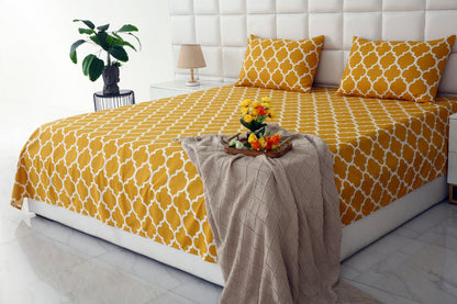 3 PCs Double Bed Sheet -Mustard Geometric Bed Sheets Apricot