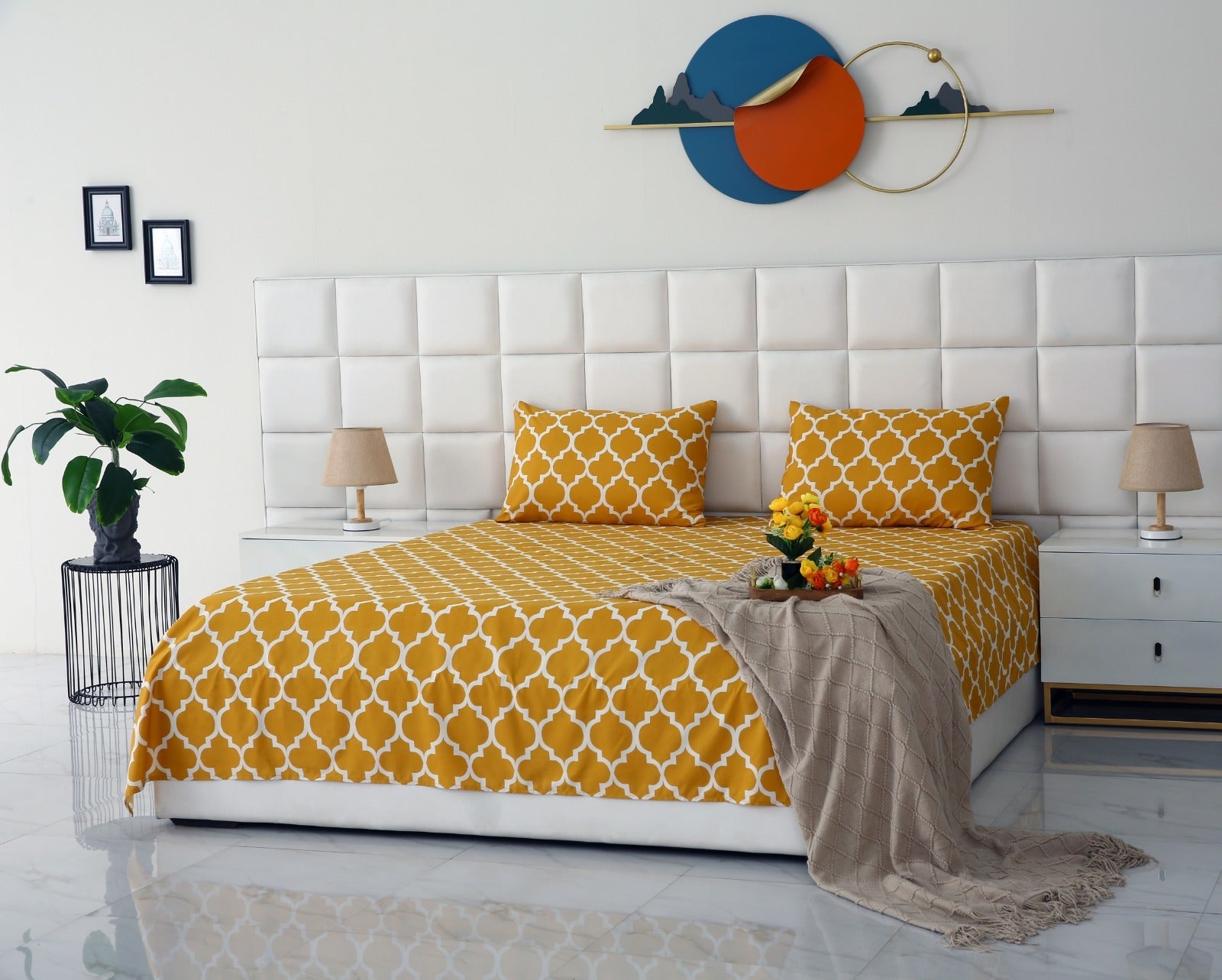 3 PCs Double Bed Sheet -Mustard Geometric Bed Sheets Apricot
