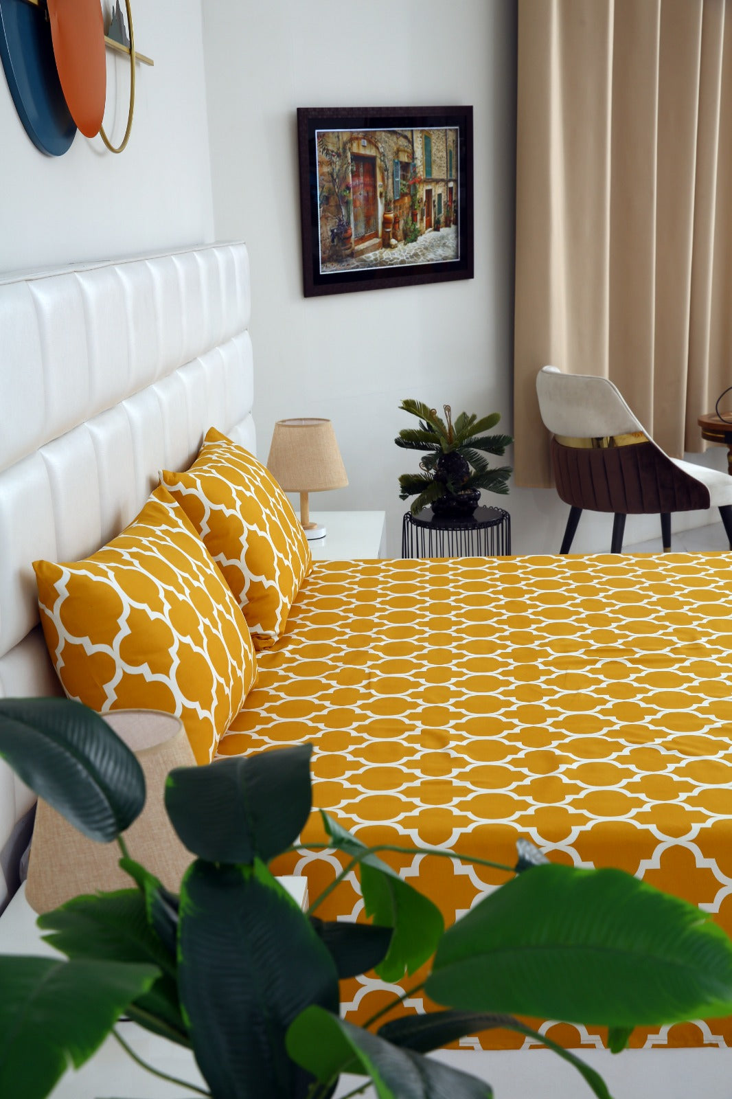 3 PCs Double Bed Sheet -Mustard Geometric Bed Sheets Apricot