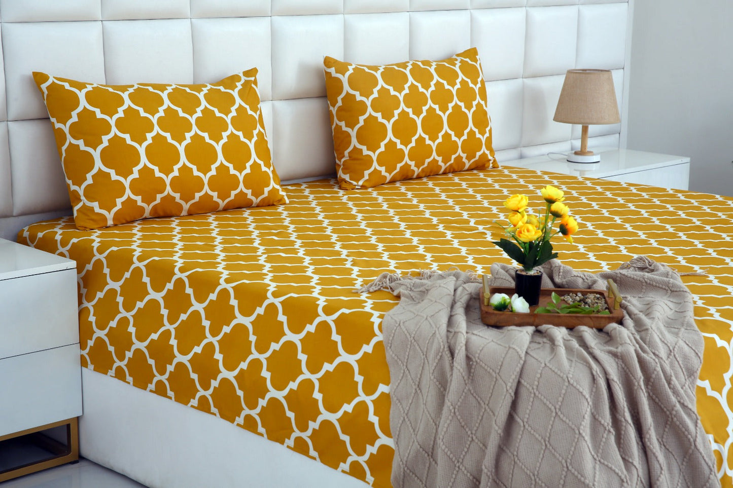 3 PCs Double Bed Sheet -Mustard Geometric Bed Sheets Apricot