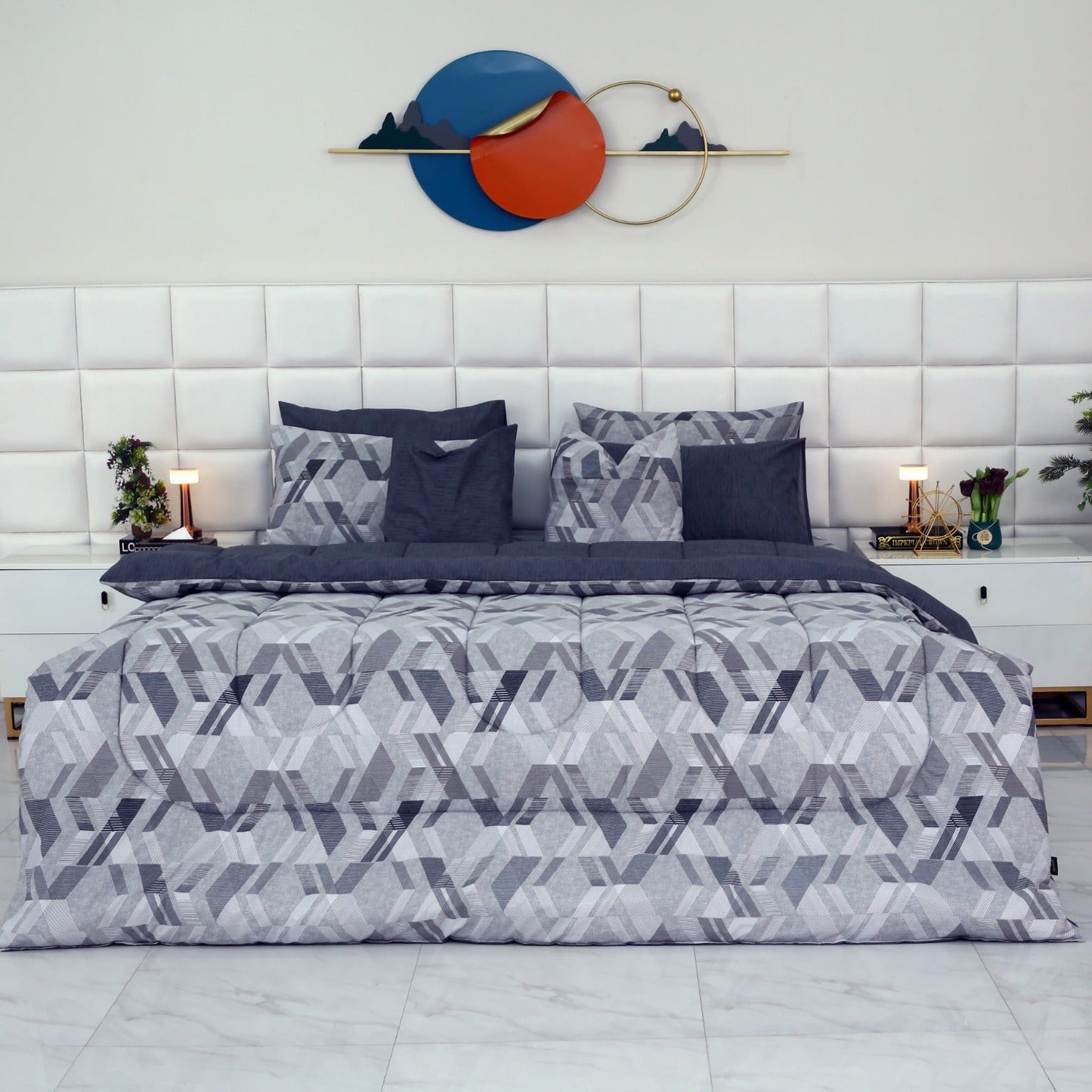 8 PCs Winter Razai Set-Grey Triangles Comforters Apricot
