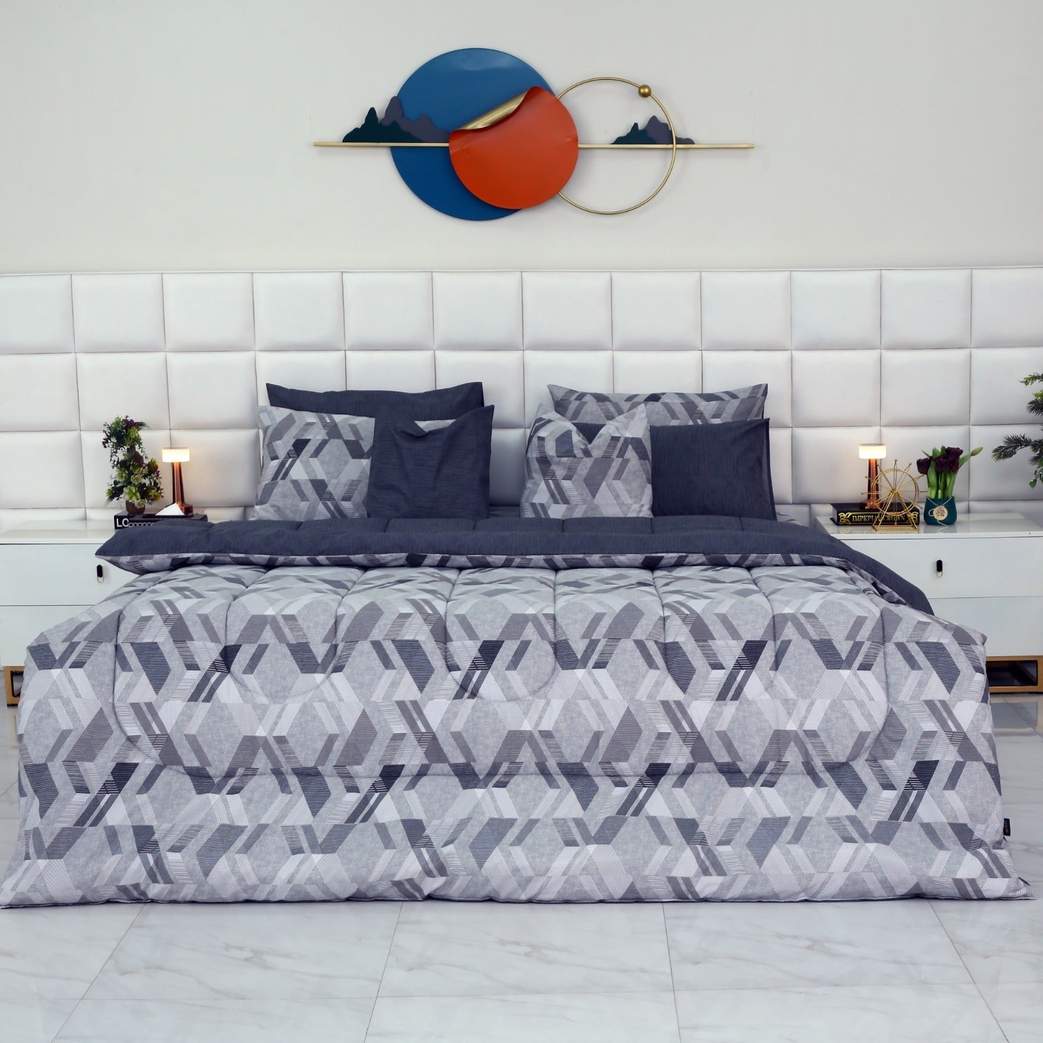 8 PCs Winter Razai Set-Grey Triangles Comforters Apricot