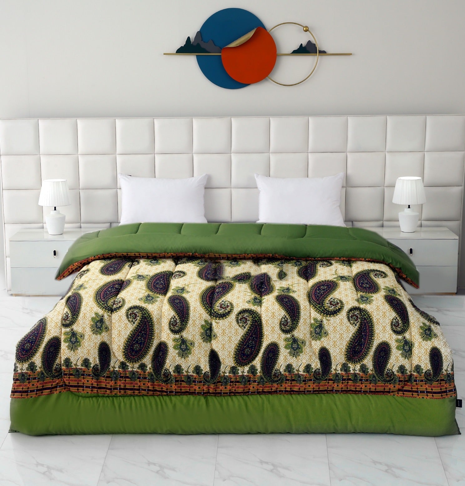 1 PC Double Winter Razai-Green Paisleys Comforters Apricot