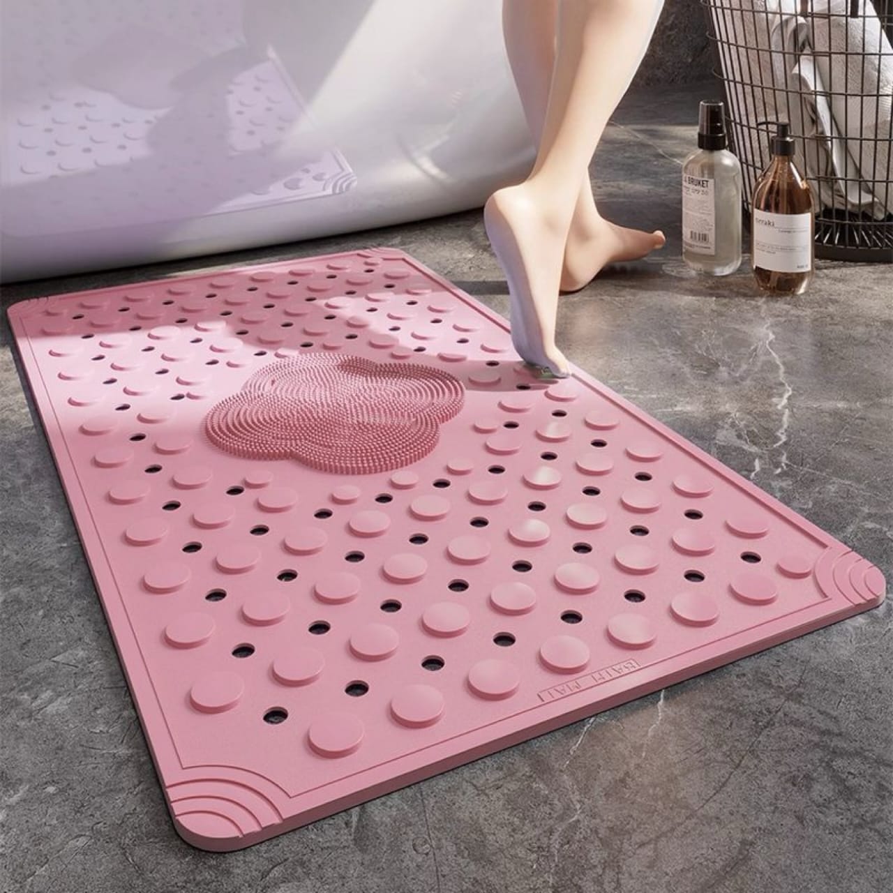 Anti Slip PVC Bathroom Mat With Foot Scrubber (SA2510-114)Pink Bath Mats Apricot