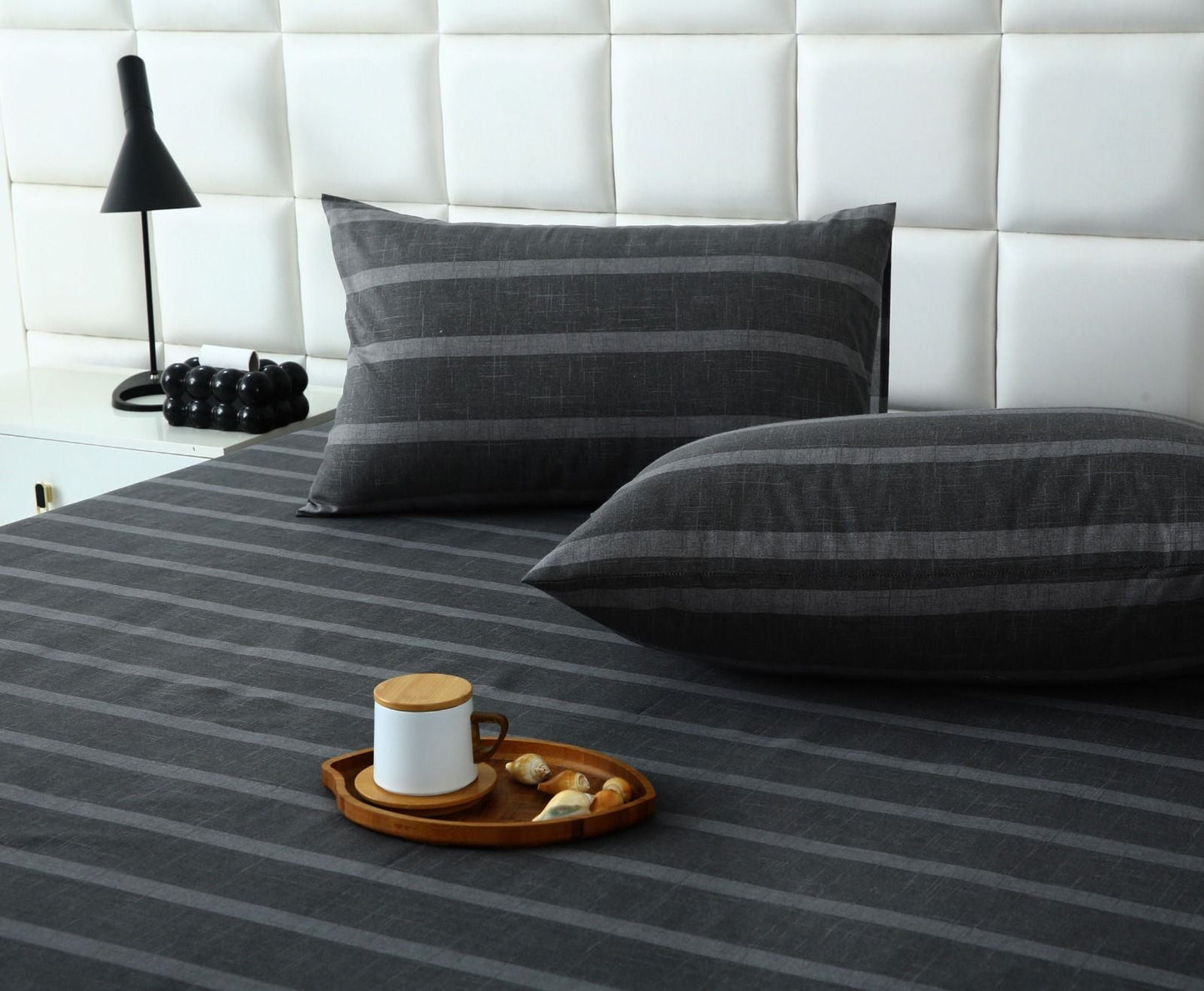 Fitted Bed Sheet- Ash Grey Stripes Fitted Sheets Apricot