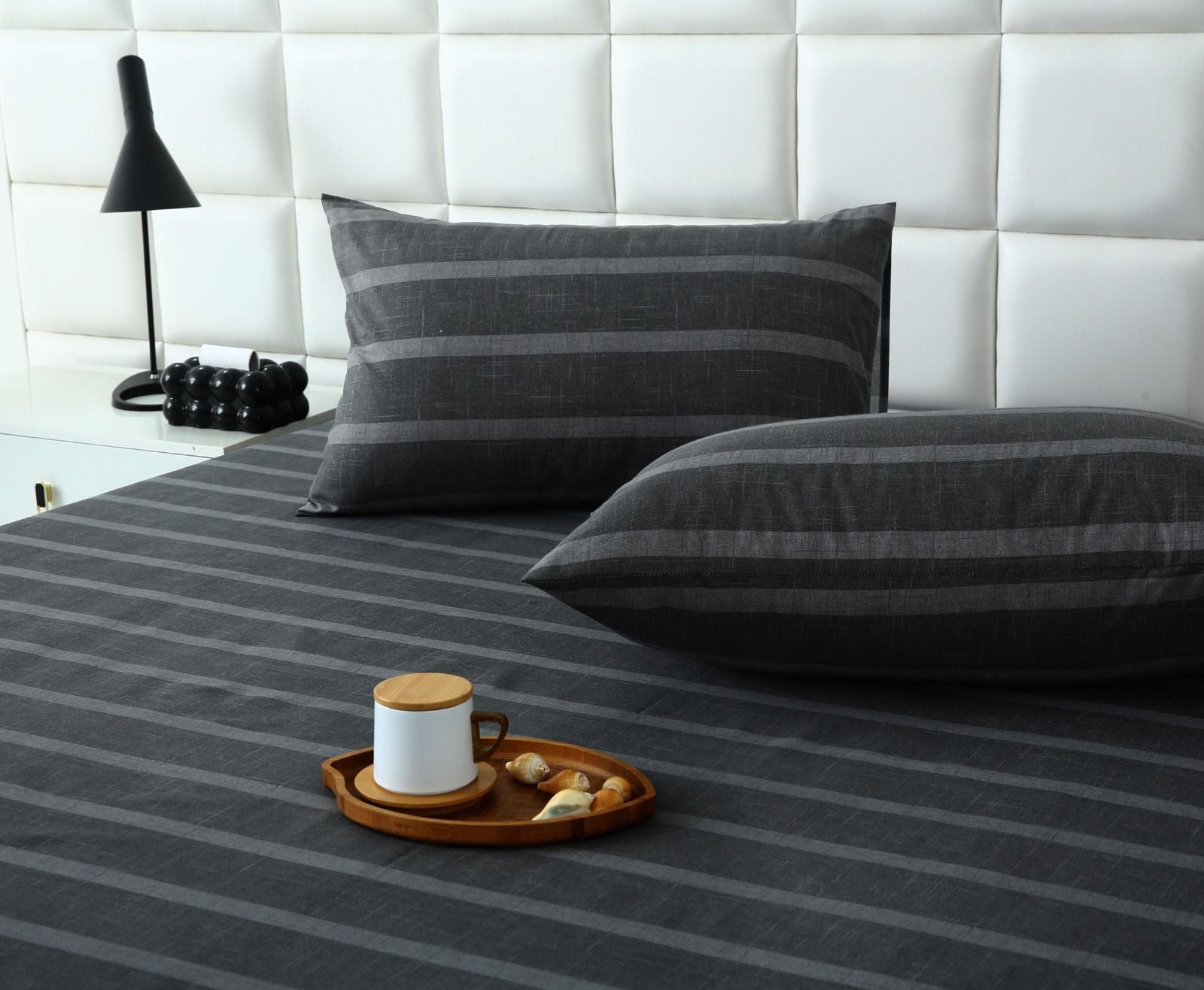 Fitted Bed Sheet- Ash Grey Stripes Fitted Sheets Apricot