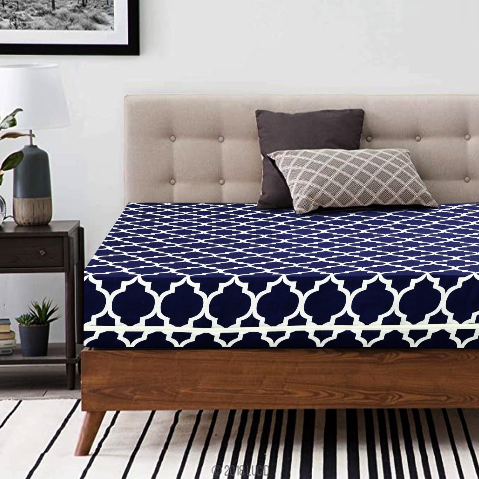 Zipper Mattress Cover Printed-Blue Geometric Protectors Apricot   