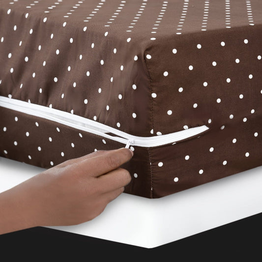 Zipper Mattress Cover Printed-Brown Polka Protectors Apricot   