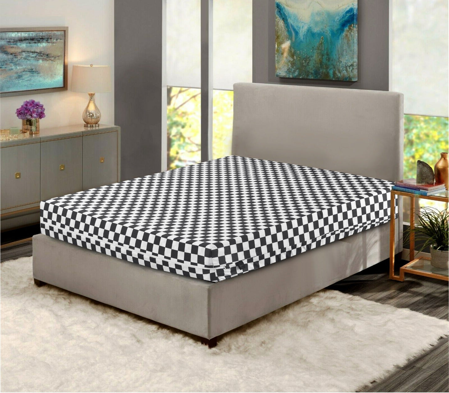 Zipper Mattress Cover Printed-Grey Chess Protectors Apricot   