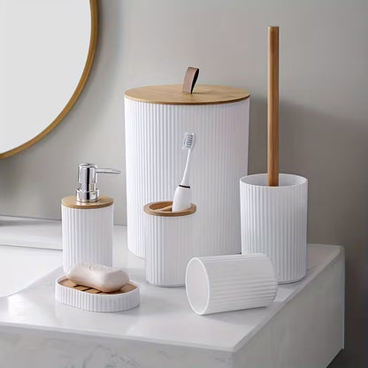 Wooden Lid PVC Bathroom Accessory Set-Stripes With Close Lid(White)SA2512-02 Bathroom Accessory Sets Apricot