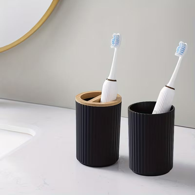 Wooden Lid PVC Bathroom Accessory Set-Stripes With Close Lid(Black)SA2512-02 Bathroom Accessory Sets Apricot