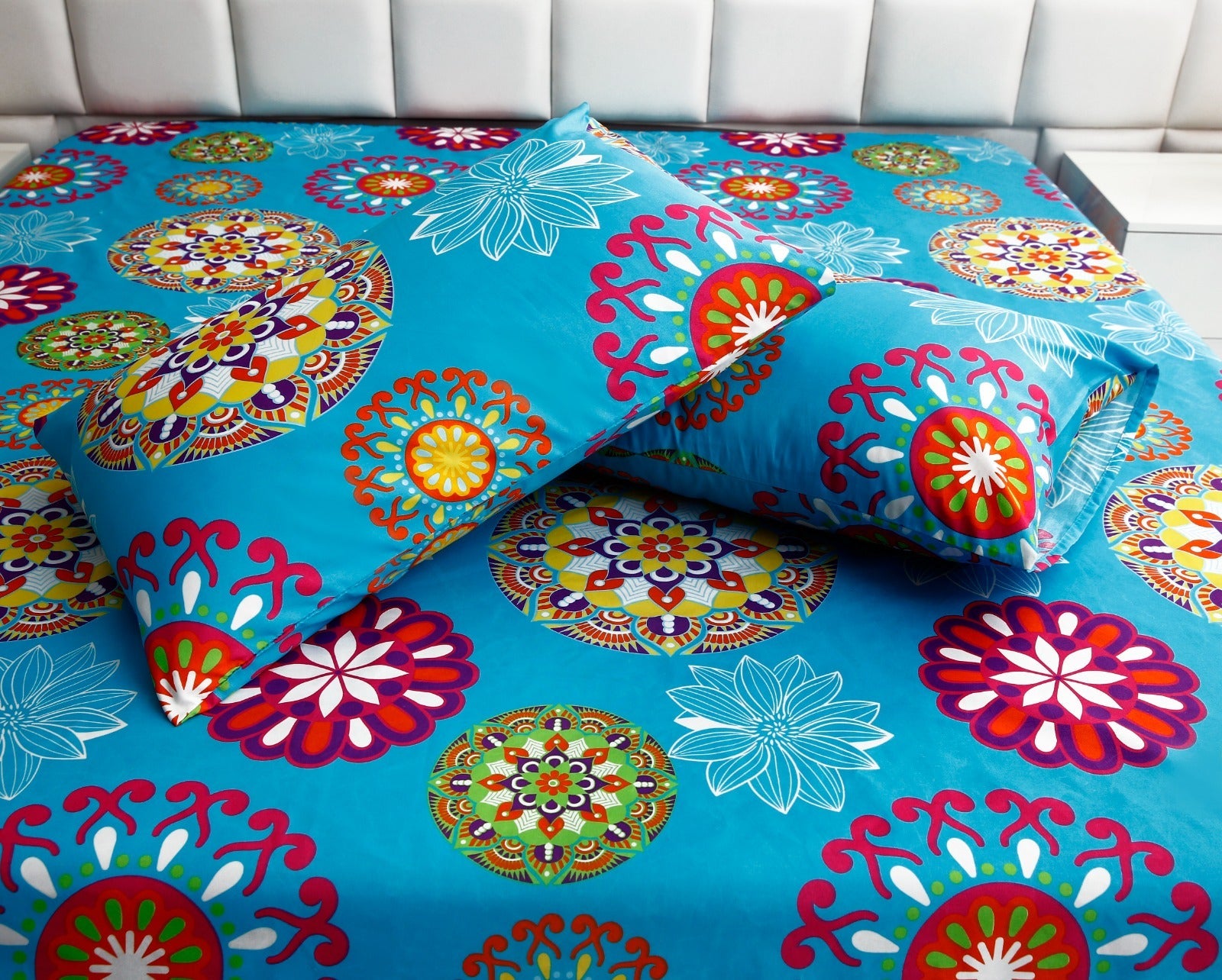 Fitted Bed Sheet-Turqoiuse Flower Fitted Sheets Apricot