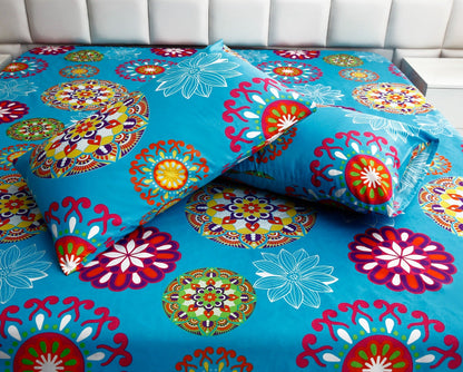 Fitted Bed Sheet-Turqoiuse Flower Fitted Sheets Apricot