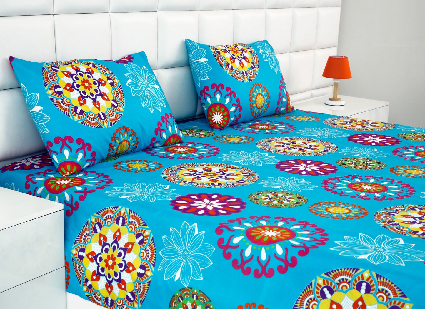 Fitted Bed Sheet-Turqoiuse Flower Fitted Sheets Apricot