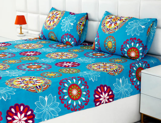 Fitted Bed Sheet-Turqoiuse Flower Fitted Sheets Apricot
