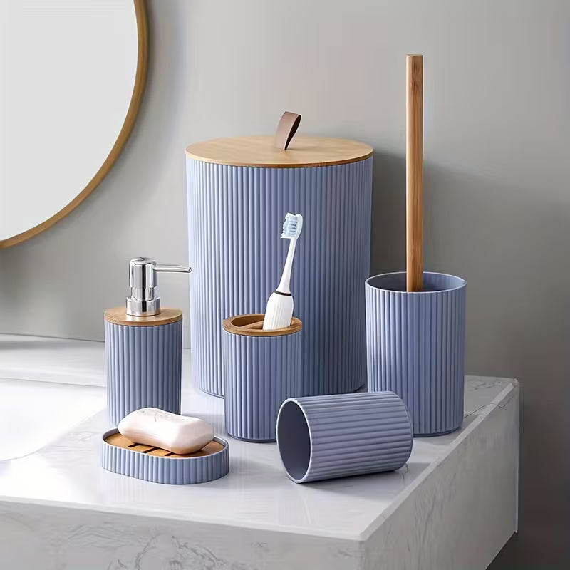 Wooden Lid PVC Bathroom Accessory Set-Stripes With Open Lid(Grey) Bathroom Accessory Sets Apricot
