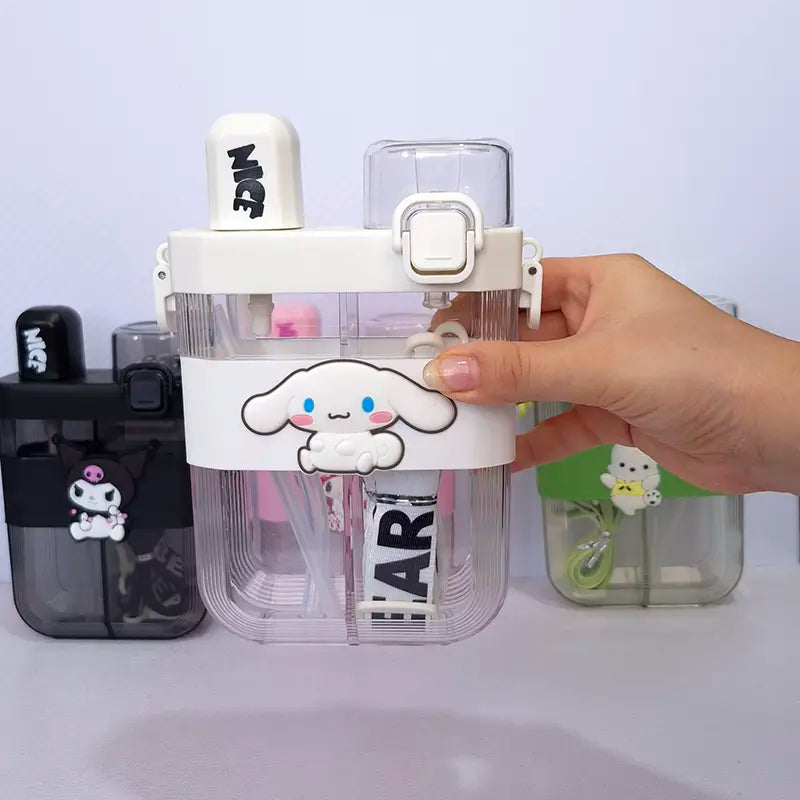 2 in 1 Cute Cartoon Dual Compartment Water Bottle with Straw (SA2510-148) Apricot Crystal White