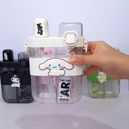 2 in 1 Cute Cartoon Dual Compartment Water Bottle with Straw (SA2510-148) Apricot Crystal White