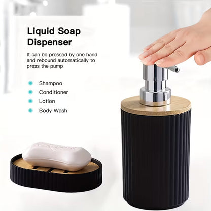 Wooden Lid PVC Bathroom Accessory Set-Stripes With Close Lid(Black)SA2512-02 Bathroom Accessory Sets Apricot