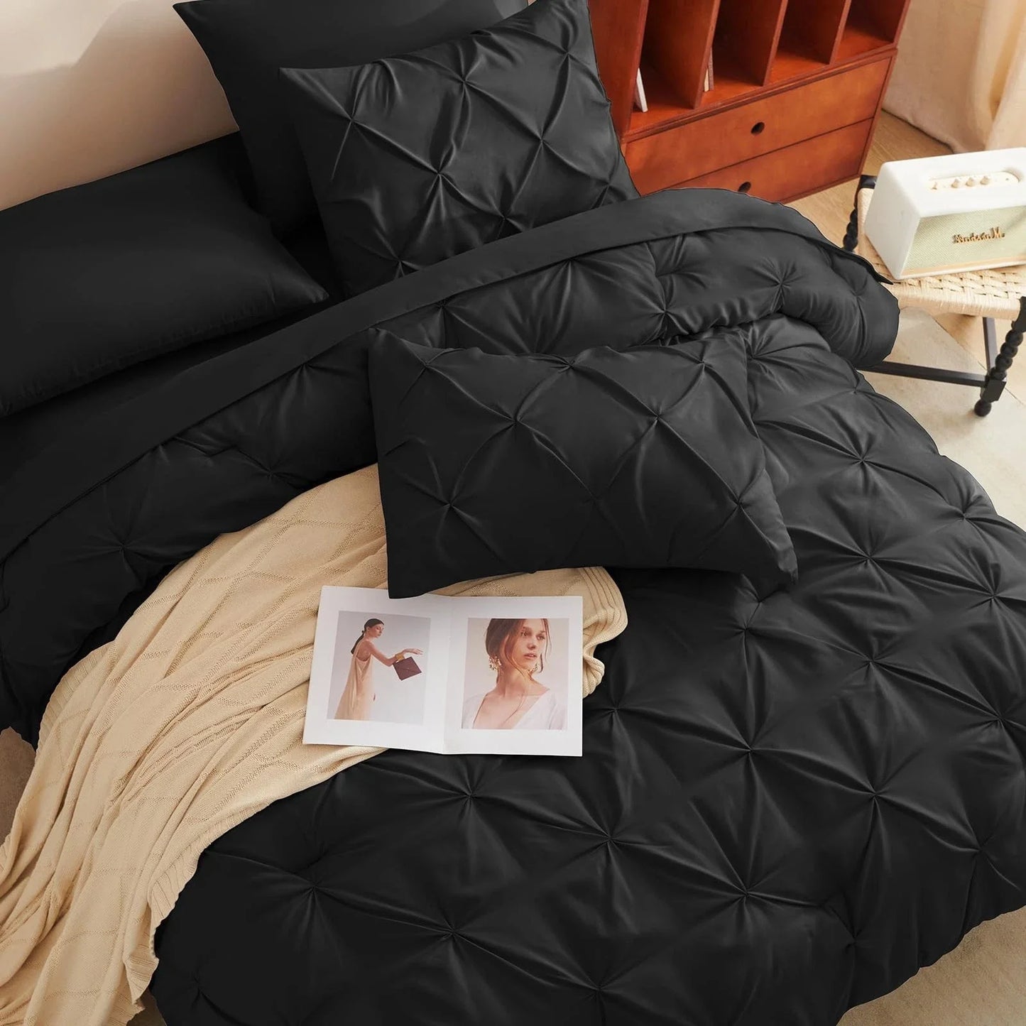 Solid Pintuck Duvet Cover Set-Black Bed Sheets Apricot
