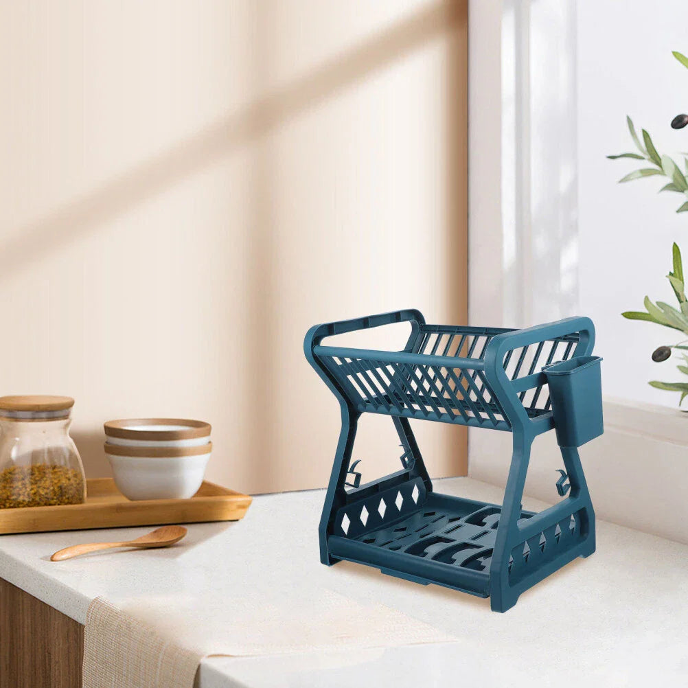 2-Tier-Dish Drying Rack & Utensil Holder(15254)-Green Dish Rack Apricot