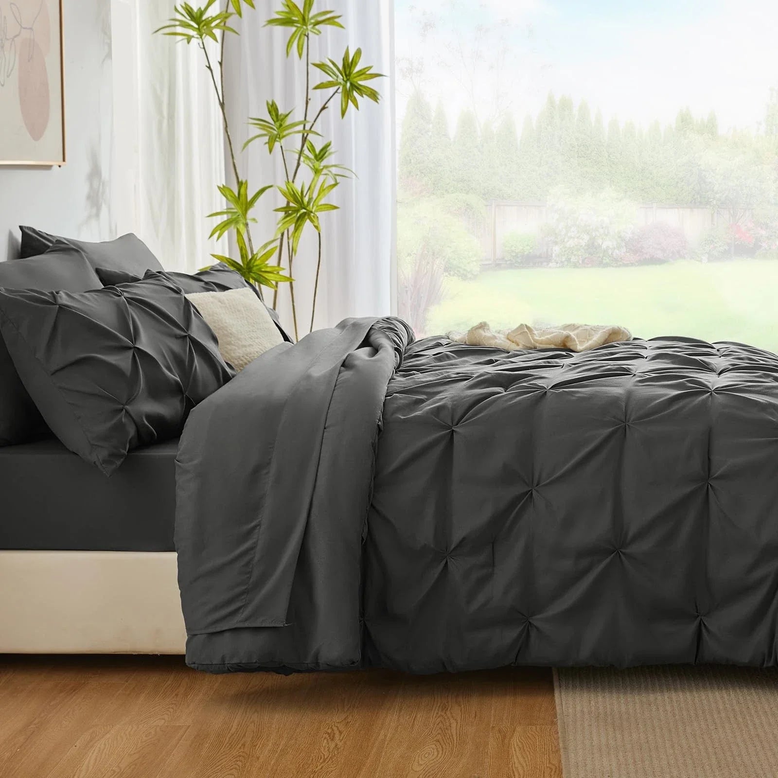 Solid Pintuck Duvet Cover Set-Grey Bed Sheets Apricot