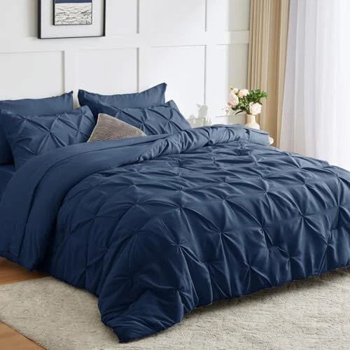 Solid Pintuck Duvet Cover Set-Navy Blue Bed Sheets Apricot