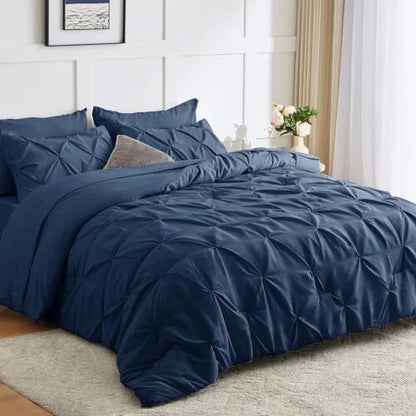 Solid Pintuck Duvet Cover Set-Navy Blue Bed Sheets Apricot