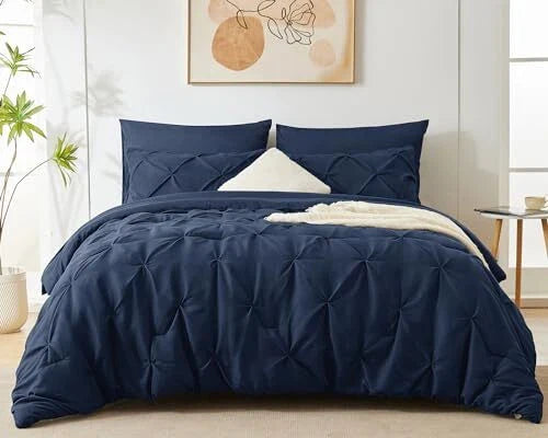 Solid Pintuck Duvet Cover Set-Navy Blue Bed Sheets Apricot