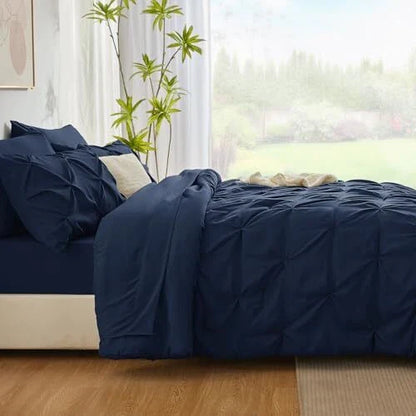Solid Pintuck Duvet Cover Set-Navy Blue Bed Sheets Apricot