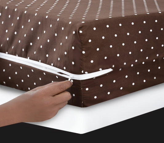Zipper Mattress Cover Printed- Brown Polka Protectors Apricot