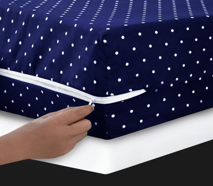 Zipper Mattress Cover Printed- Navy Polka