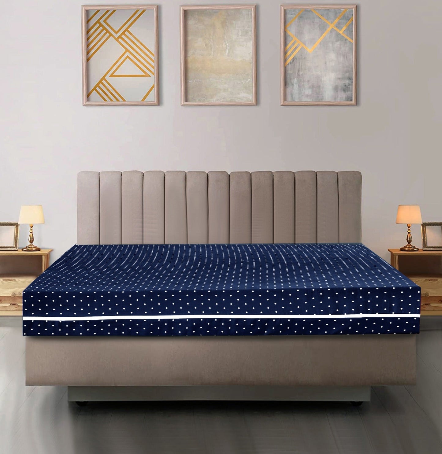 Zipper Mattress Cover Printed- Navy Polka