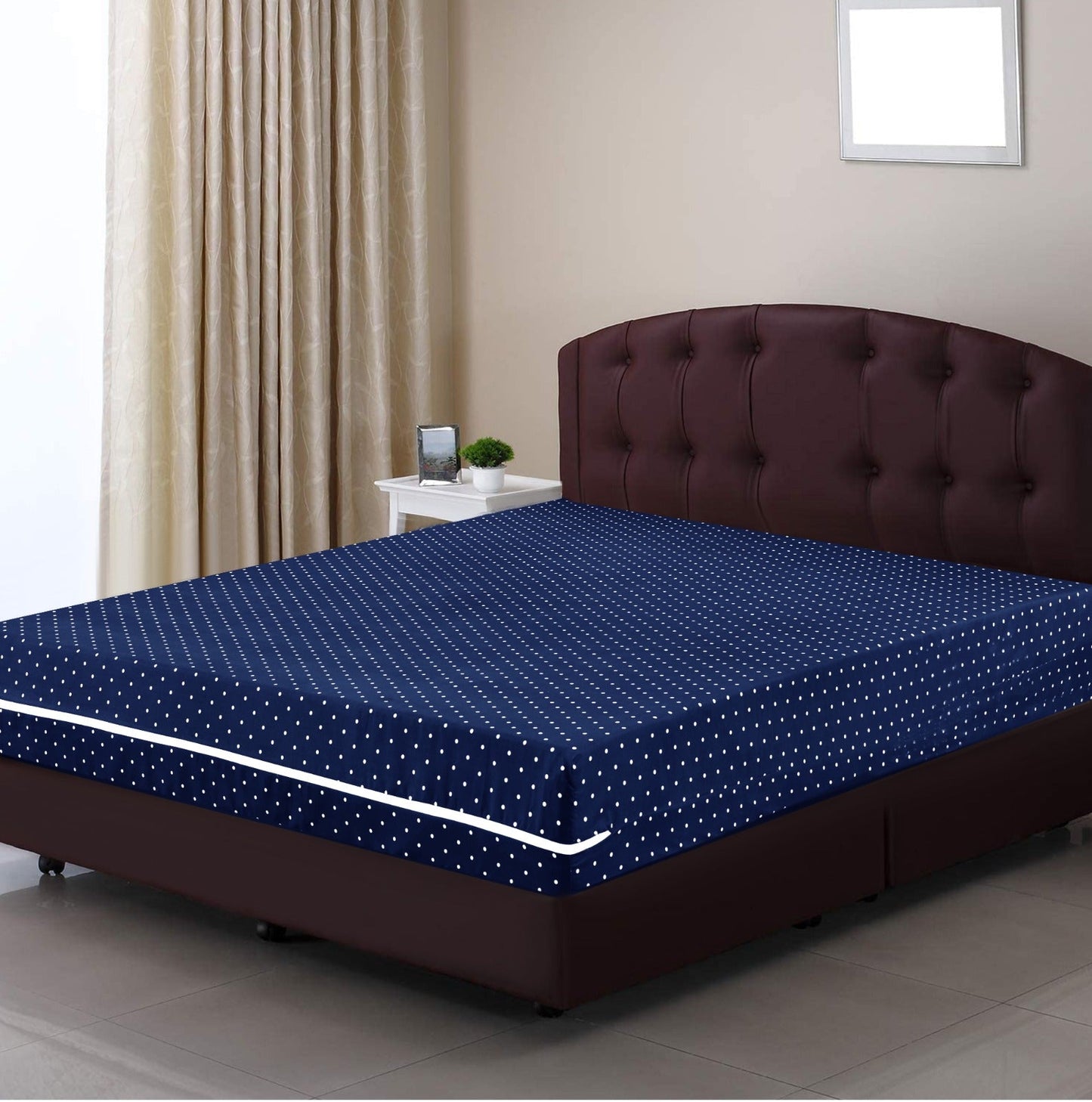 Zipper Mattress Cover Printed- Navy Polka
