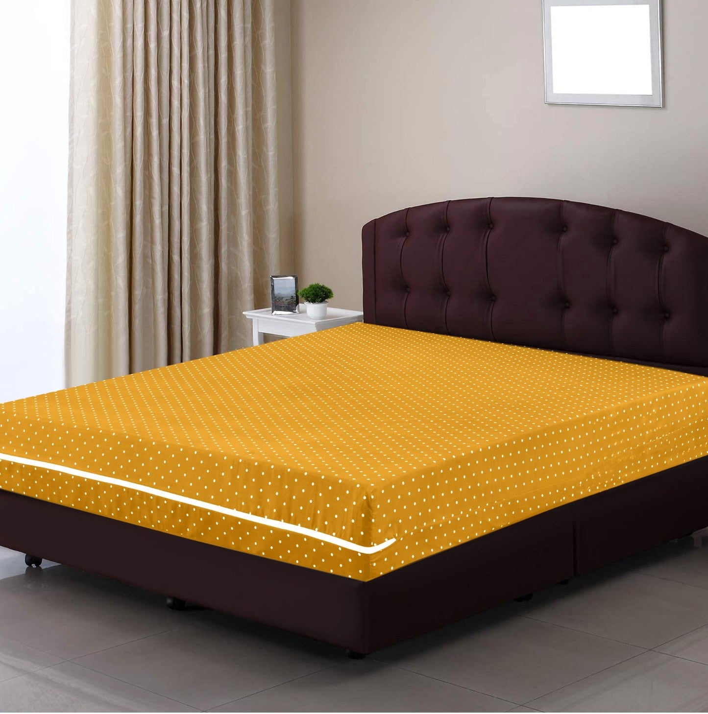 Zipper Mattress Cover Printed- Mustard Polka
